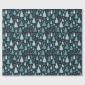 Rood Blauw Sneeuwmannen Xmas Bomen Donker Patroon  Cadeaupapier (Vlak)