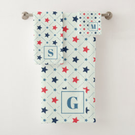 Rood Blauw Sterstip lijn Geometrisch Patroon Monog Bad Handdoek