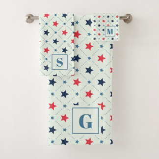 Rood Blauw Sterstip lijn Geometrisch Patroon Monog Bad Handdoek