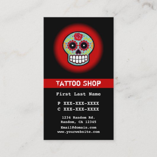 Rood blauw suikerschedel tattoo aangepaste visitek visitekaartje (Voorkant)
