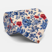 Rood Blauw Toile Chinoiserie Waterverf Bloemenbrui Stropdas (Opgerold)