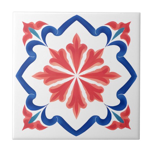 Rood & Blauw Turks Iznik Floral Tegel Art Tegeltje (Voorkant)