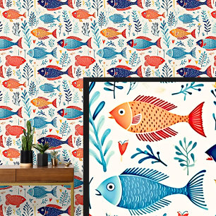 Rood & Blauw Vis Zwemmen Behang