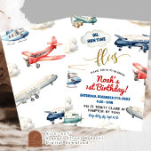 Rood Blauw Vliegtuig Eerste Verjaardag Jongen Kaart