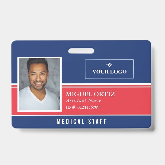Rood Blauw Voeg uw Logo-medewerker-ID toe Badge (Voorzijde)