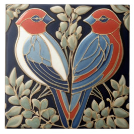 Rood Blauw Vogelpaar - Art Nouveau Art Deco Vogels Tegeltje