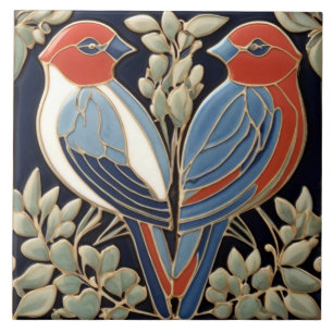 Rood Blauw Vogelpaar - Art Nouveau Art Deco Vogels Tegeltje
