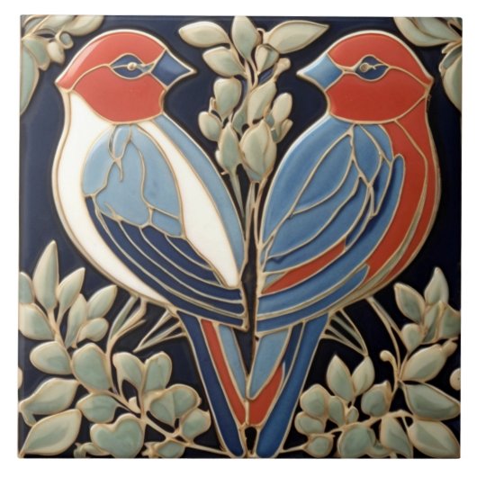 Rood Blauw Vogelpaar - Art Nouveau Art Deco Vogels Tegeltje (Voorkant)