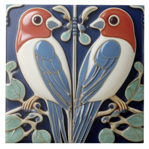 Rood Blauw Vogelpaar - Art Nouveau Art Deco Vogels Tegeltje