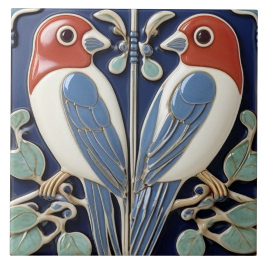 Rood Blauw Vogelpaar - Art Nouveau Art Deco Vogels Tegeltje (Voorkant)