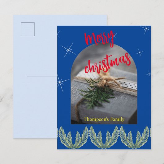 Rood blauw vrolijk kerstfeest Tekst modern geblade Uitnodiging Briefkaart (Voorkant / Achterkant)