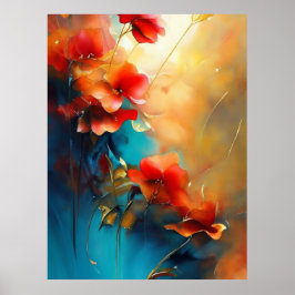 Rood Blauw Wit Blauwgroen Cream Flowers Mooi Poster