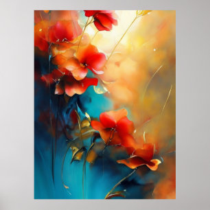Rood Blauw Wit Blauwgroen Cream Flowers Mooi Poster