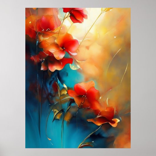 Rood Blauw Wit Blauwgroen Cream Flowers Mooi Poster (Voorkant)