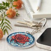 Rood Blauw Wit Mozaïek Roos Bloem Sleutelhanger (Voorkant Rechts)
