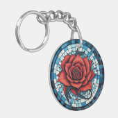 Rood Blauw Wit Mozaïek Roos Bloem Sleutelhanger (Voorkant Links)