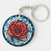 Rood Blauw Wit Mozaïek Roos Bloem Sleutelhanger (Achterkant)