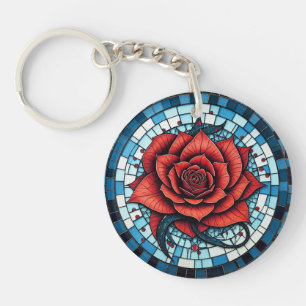 Rood Blauw Wit Mozaïek Roos Bloem Sleutelhanger