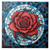 Rood Blauw Wit Mozaïek Roos Bloem Tegeltje (Voorkant)