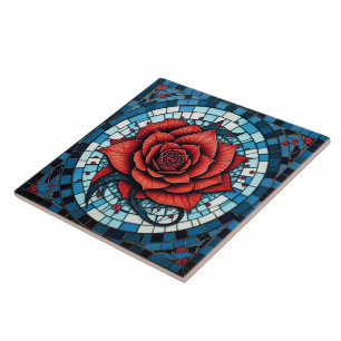 Rood Blauw Wit Mozaïek Roos Bloem Tegeltje