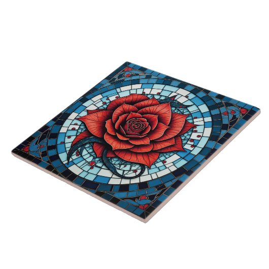 Rood Blauw Wit Mozaïek Roos Bloem Tegeltje (Zijkant)