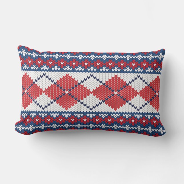 Rood Blauw & Wit Nordic Fair Isle Argyle Patroon Kussen (Voorkant)