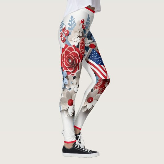 Rood Blauw Wit Patriottische 3D Bloemen Leggings (Rechts)