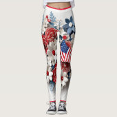 Rood Blauw Wit Patriottische 3D Bloemen Leggings (Voorkant)