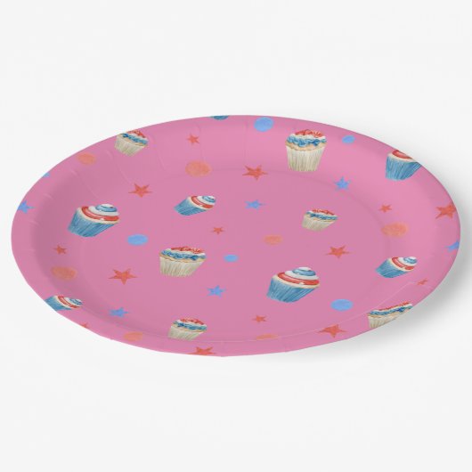 Rood Blauw Wit Patriottische Verjaardag Cupcakes P Papieren Bordje (Gekanteld)