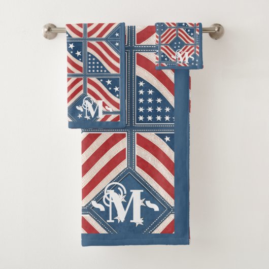 Rood Blauw Wit Patroon Sterren en Strepen Monogram Bad Handdoek (Insitu)