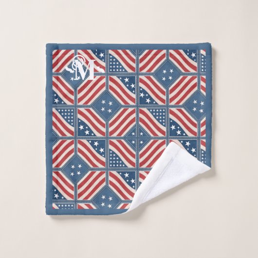 Rood Blauw Wit Patroon Sterren en Strepen Monogram Bad Handdoek (Wasdoekje)