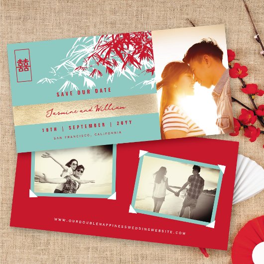 Rood Blauw Zen Bamboe bladeren Foto Chinese bruilo Save The Date