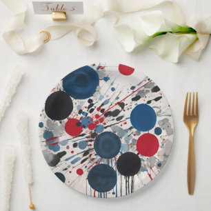 Rood blauw zwart en grijs cirkels en verf druppels papieren bordje