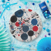 Rood blauw zwart en grijs cirkels en verf druppels papieren bordje (Feest)