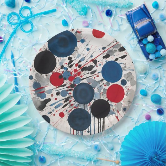 Rood blauw zwart en grijs cirkels en verf druppels papieren bordje (Feest)