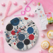 Rood blauw zwart en grijs cirkels en verf druppels papieren bordje (Feest)