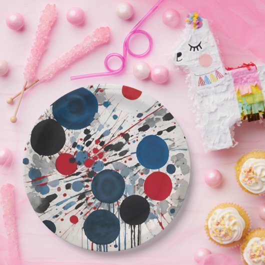 Rood blauw zwart en grijs cirkels en verf druppels papieren bordje (Feest)