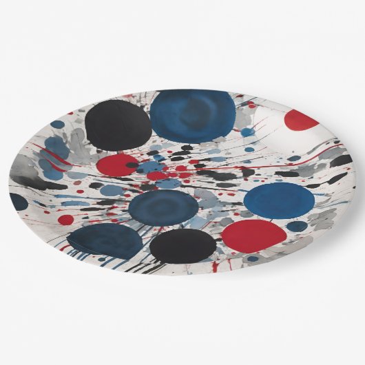 Rood blauw zwart en grijs cirkels en verf druppels papieren bordje (Gekanteld)