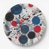 Rood blauw zwart en grijs cirkels en verf druppels papieren bordje (Voorkant)