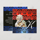 ROOD BLAUW, ZWART, WIT DAMAST JUWEEL MONOGRAM KAART (Voorkant / Achterkant)