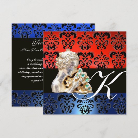 ROOD BLAUW, ZWART, WIT DAMAST JUWEEL MONOGRAM KAART (Voorkant / Achterkant)