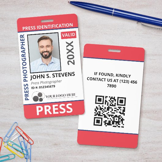 Rood Blauwe Foto & Logo Pers ID QR Code Badge