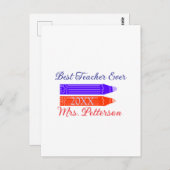 Rood blauwe kleurpotloden beste leraar ooit jaarna briefkaart (Voorkant / Achterkant)