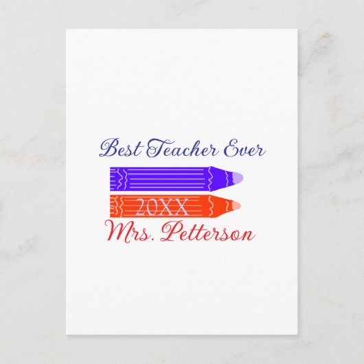 Rood blauwe kleurpotloden beste leraar ooit jaarna briefkaart (Voorkant)