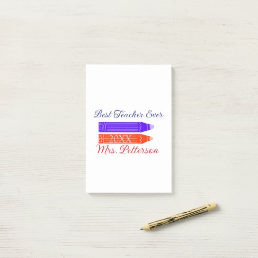 Rood blauwe kleurpotloden beste leraar ooit jaarna post-it® notes (Op bureau)
