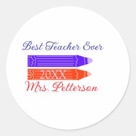 Rood blauwe kleurpotloden beste leraar ooit jaarna ronde sticker