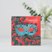 Rood Blauwgroen Blauw Masquerade Party Uitnodiging (Staand voorkant)