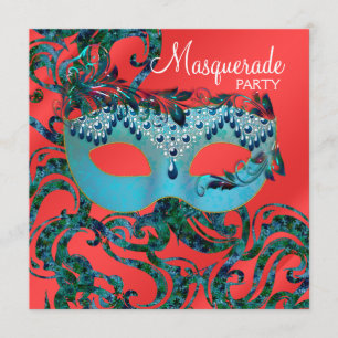 Rood Blauwgroen Blauw Masquerade Party Uitnodiging