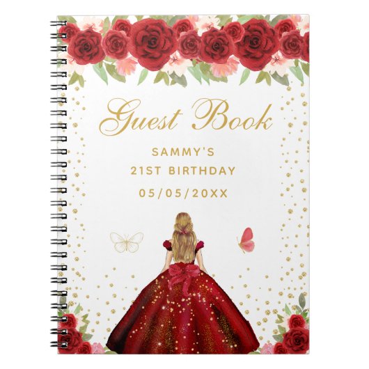 Rood Bloemen Blond Haar Prinses Gastenboek Notitieboek (Voorkant)