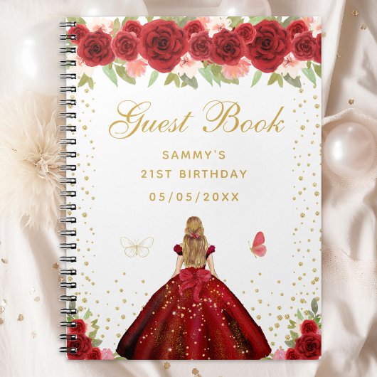Rood Bloemen Blond Haar Prinses Gastenboek Notitieboek